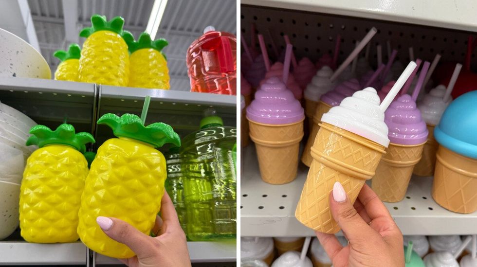 Gobelets estivaux color\u00e9s en forme d\u2019ananas et de cornet de cr\u00e8me glac\u00e9e au Dollarama.