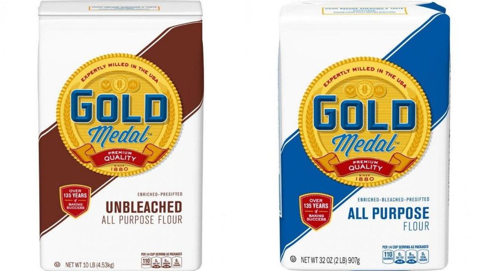 Gold Medal's recalled Unbleached All Purpose Flour. Right: Gold Medal's recalled Bleached All Purpose Flour.