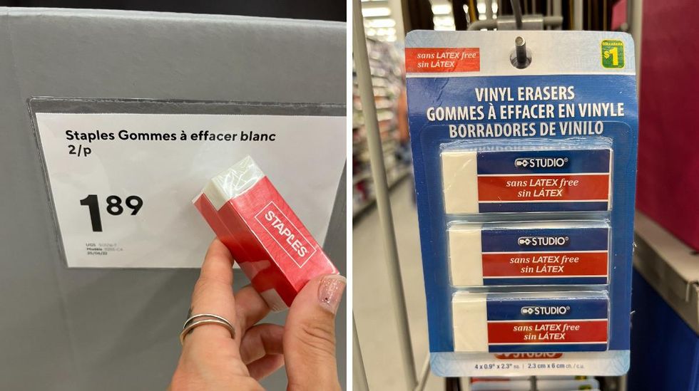 Gommes \u00e0 effacer au Bureau en Gros. Droite : Gommes \u00e0 effacer au Dollarama.