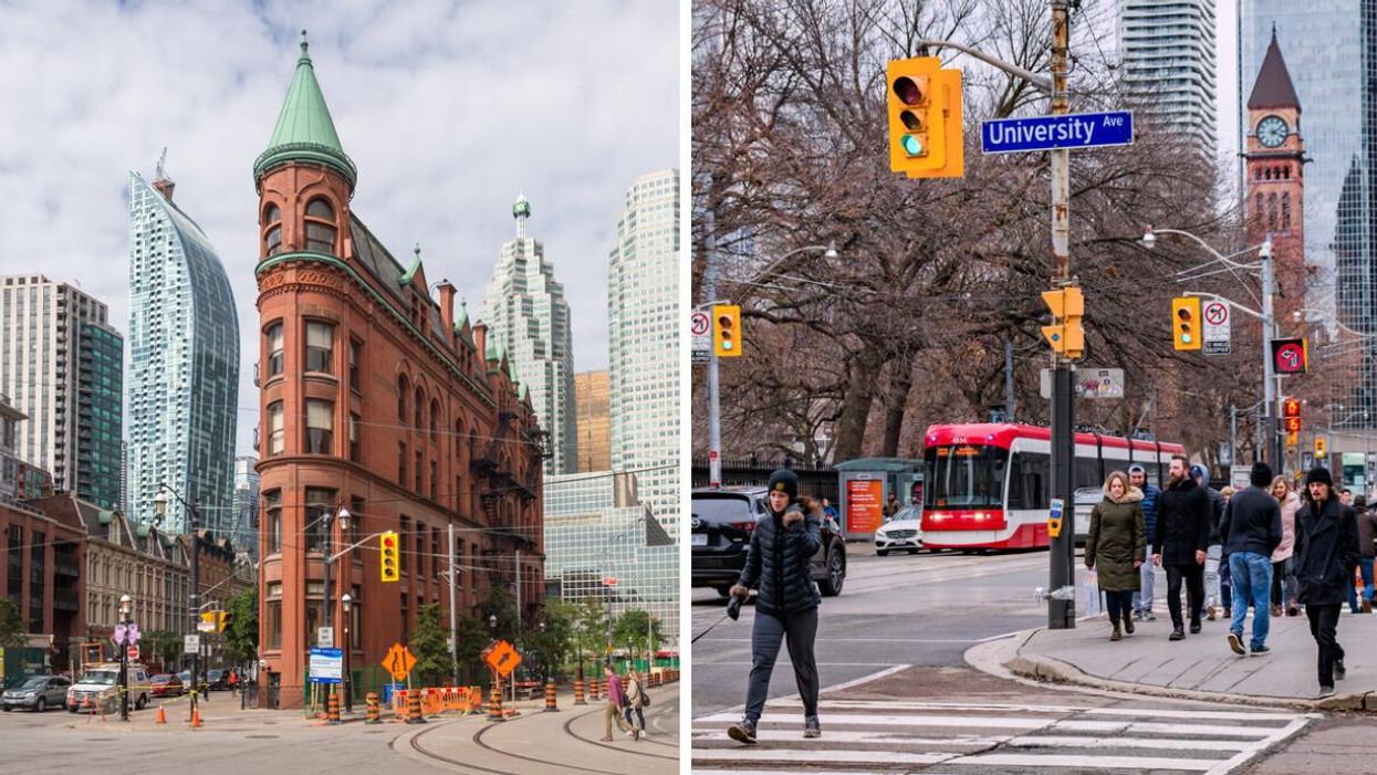 Gooderham Building in Toronto. Right: People walking in Toronto.