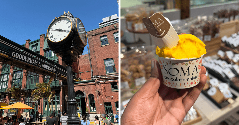 Gooderham & Worts clock in the Distillery District. Right: A cup of lemon sorbet in a cup from SOMA chocolatemaker.