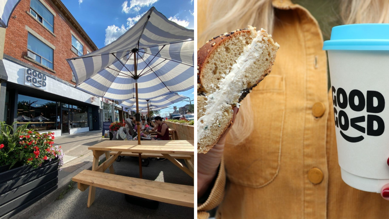 GoodGood storefront. Right: Person with coffee and bagel.