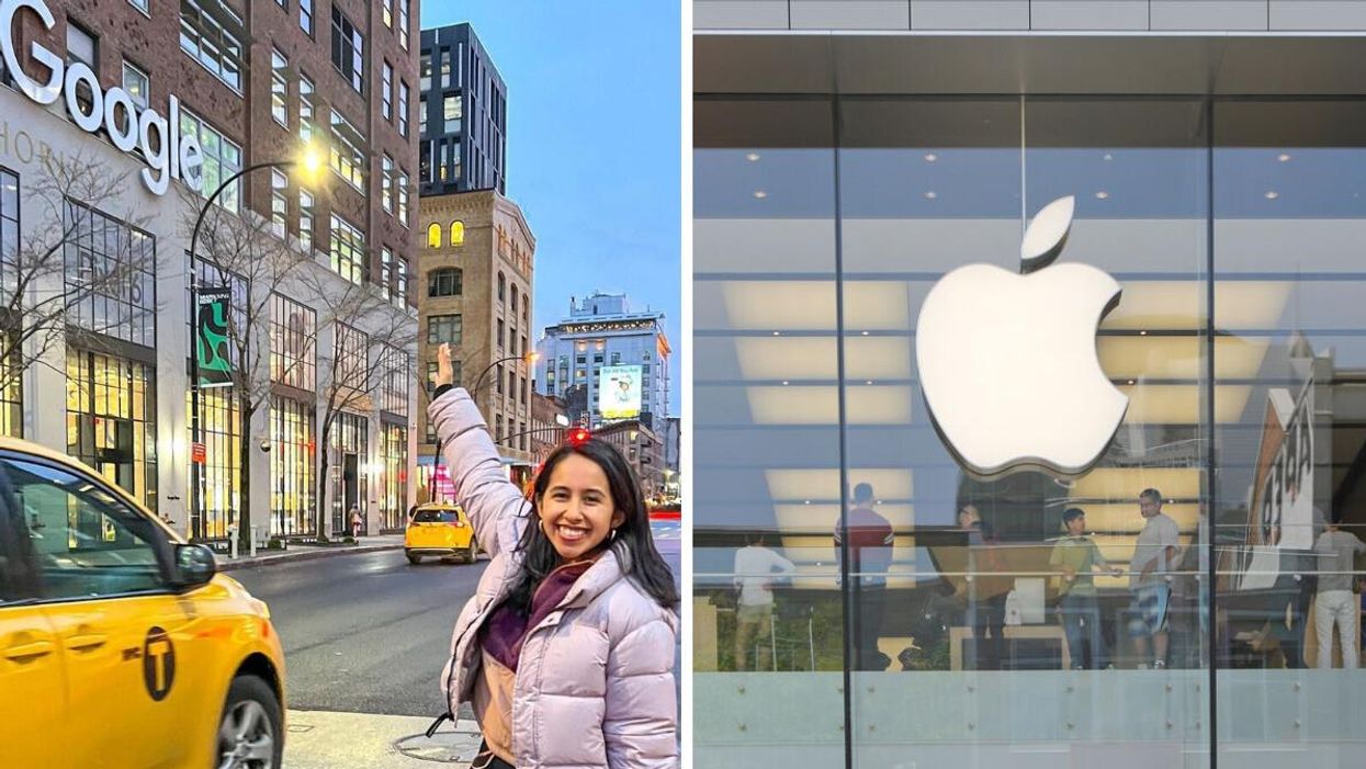 Google employee in front of a Google office. Right: Apple logo on an Apple Store in Montreal.