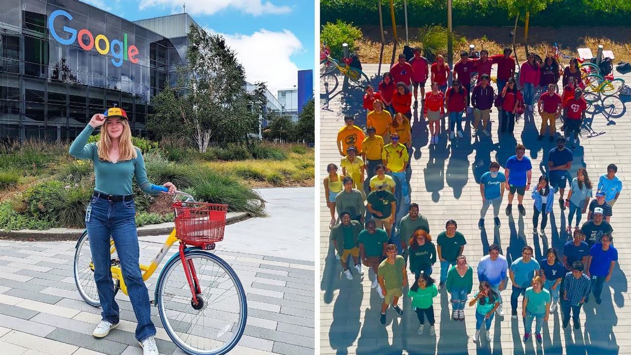 Google employee in front of a Google office. Right: Google employees posing in the shape of the Google logo.