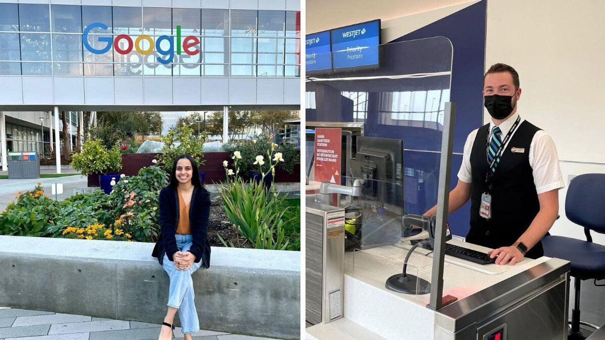 google employee sitting outside an office in front of a google sign. right: westjet employee behind a service counter at an airport