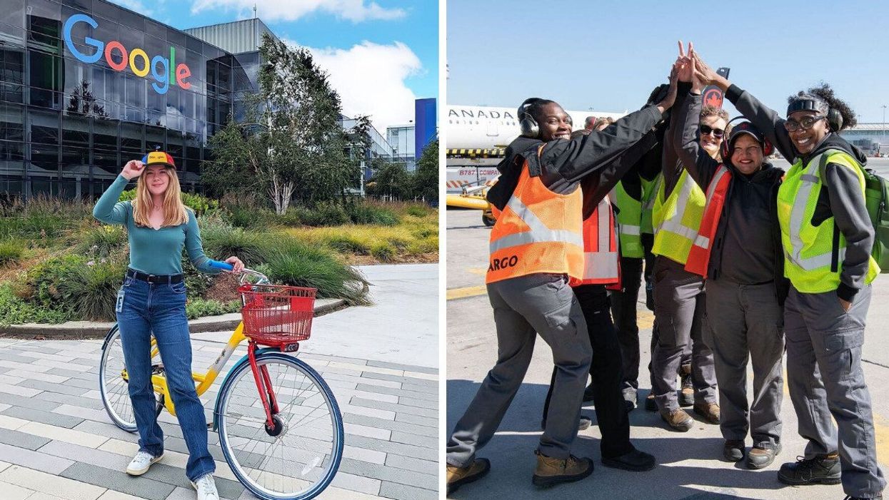 Google employee standing outside a Google office. Right: Air Canada employees standing on a tarmac in front of an airplane.