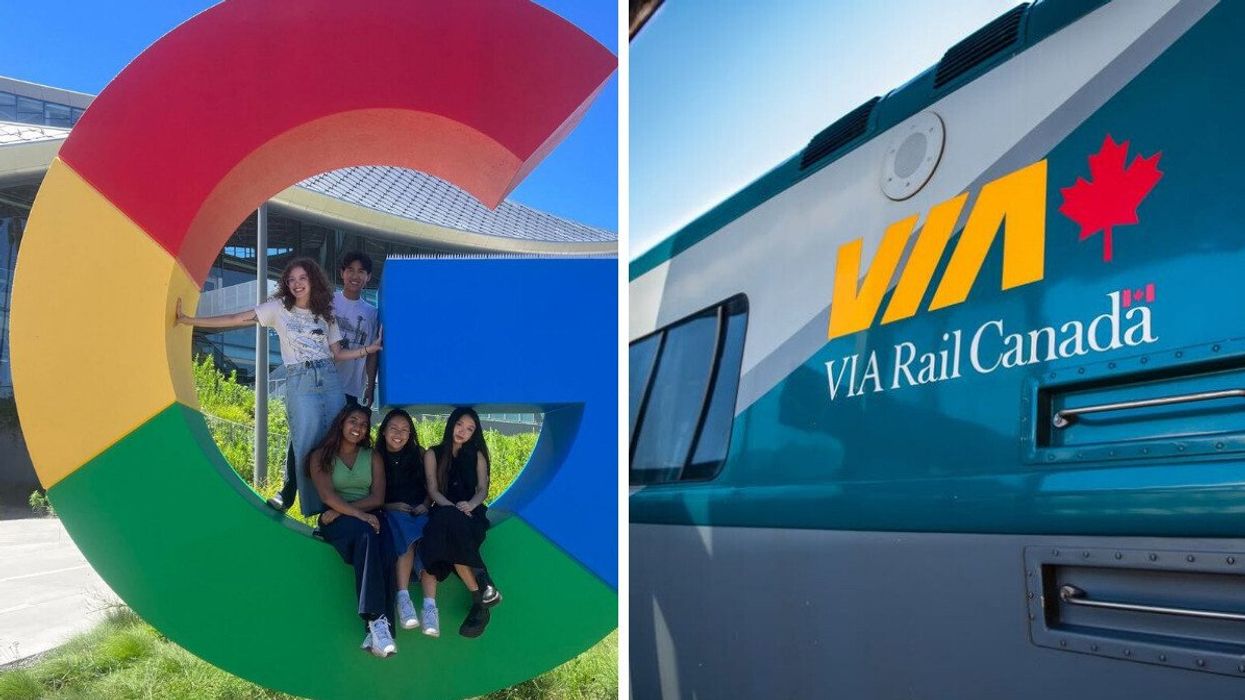 google employees on a google logo. right: via rail train car