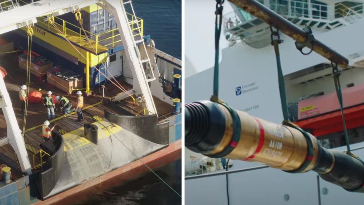 Google engineers prepare the cable on a boat. Right: Equipment is being carried by a crane next to a boat.