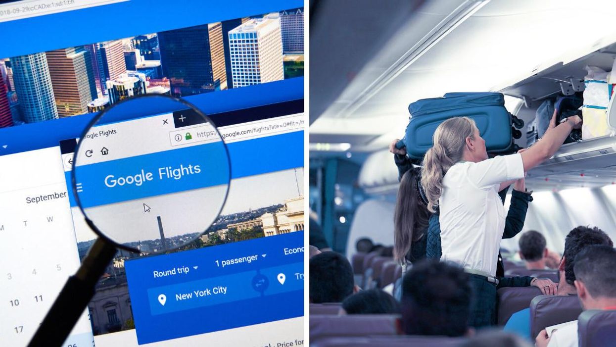 Google flight search on a screen. Right: A flight attendant helping passengers stow their bags.