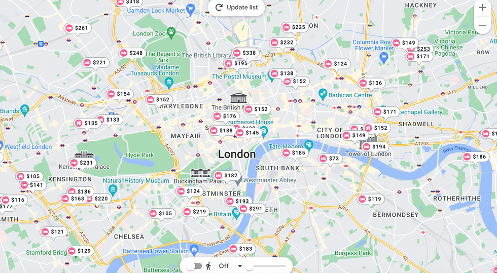 Google hotel map with select filters.