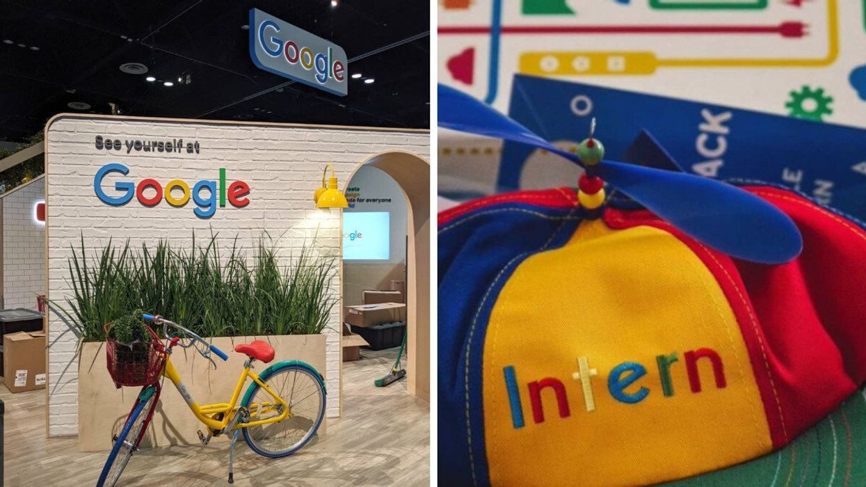 Google offices. Right: A Google "intern" hat.