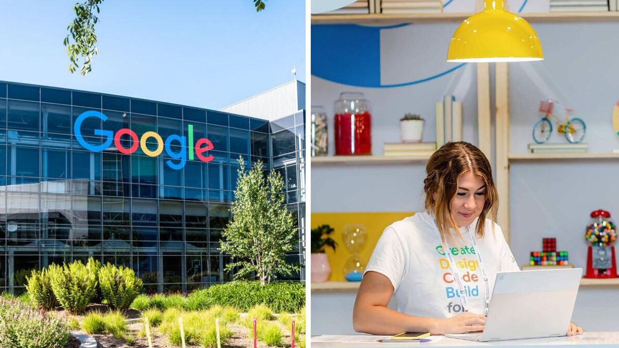 Google's headquarters in California. Right: A woman works on a laptop.