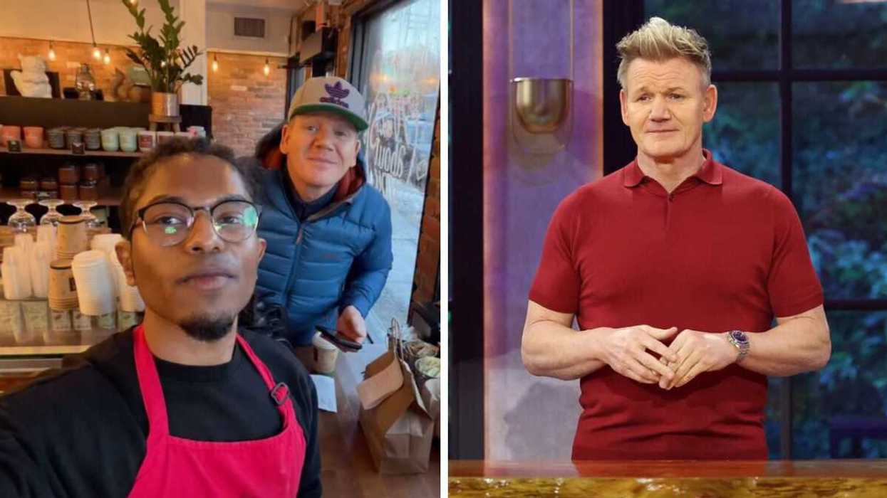 Gordon Ramsay and a barista at a cafe. Right: Gordon Ramsay in a red shirt.