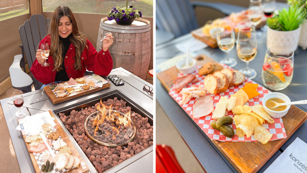 Gourmet charcuterie and wine flight on a patio at Konzelmann Estate Winery.
