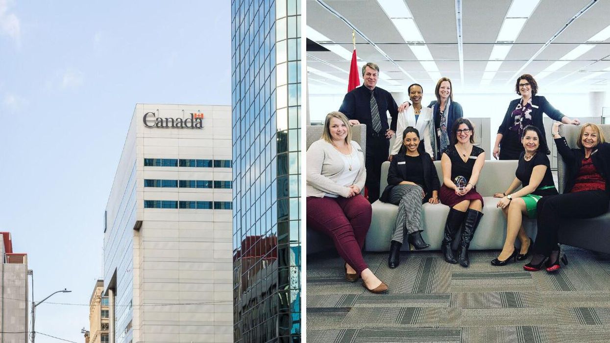 Government of Canada building in Ottawa. Right: Government of Canada employees.