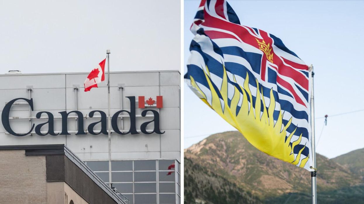 Government of Canada building. Right: B.C. flag.