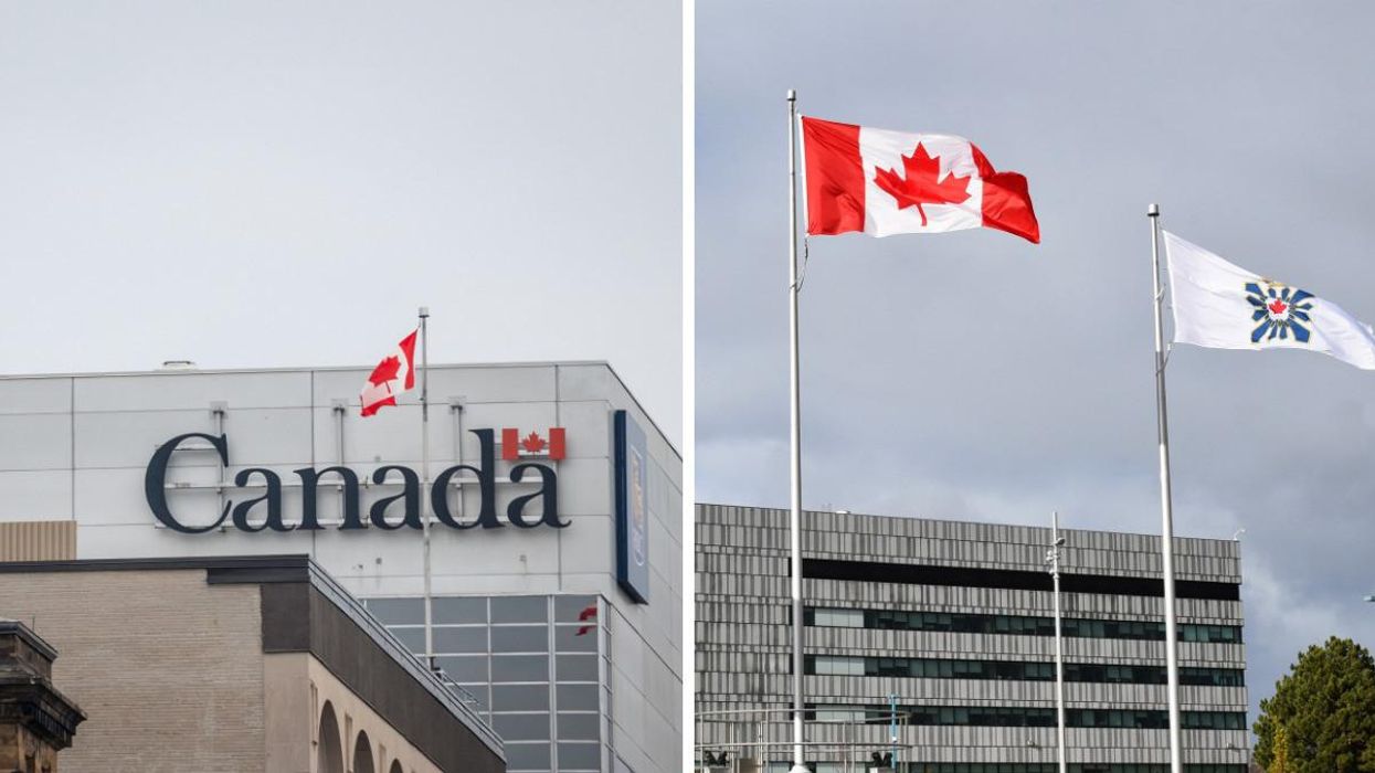 Government of Canada building. Right: CSIS and Canadian flags in front of a CSIS building.