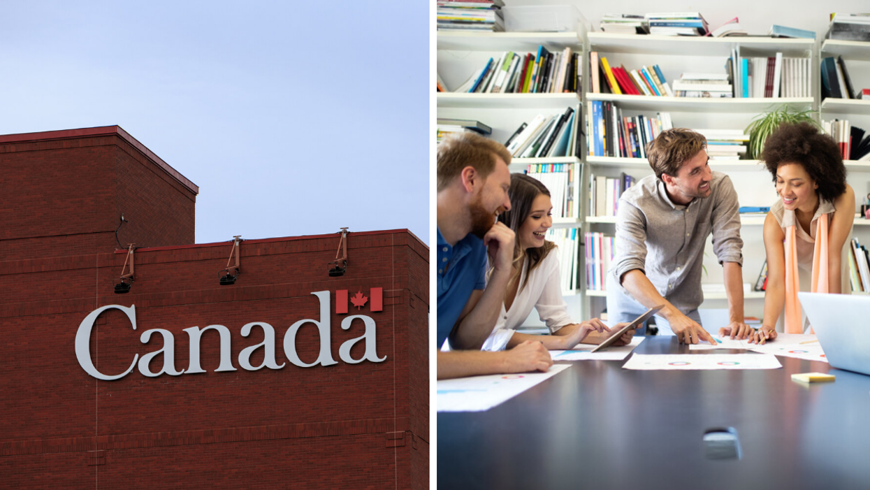 Government of Canada building. Right: Group of colleagues working together in a meeting.