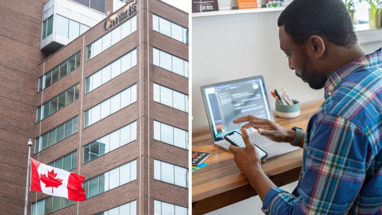 Government of Canada building with a Canadian flag in front. Right: Person working from home.