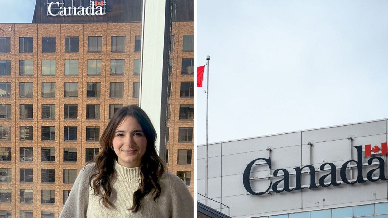 Government of Canada employee in an office. Right: Government of Canada building.