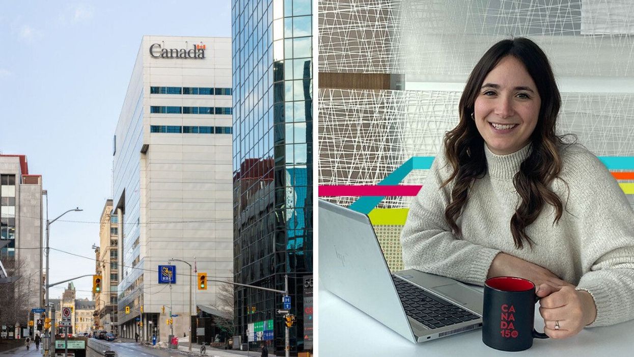 Government of Canada office building. Right: Government of Canada employee.
