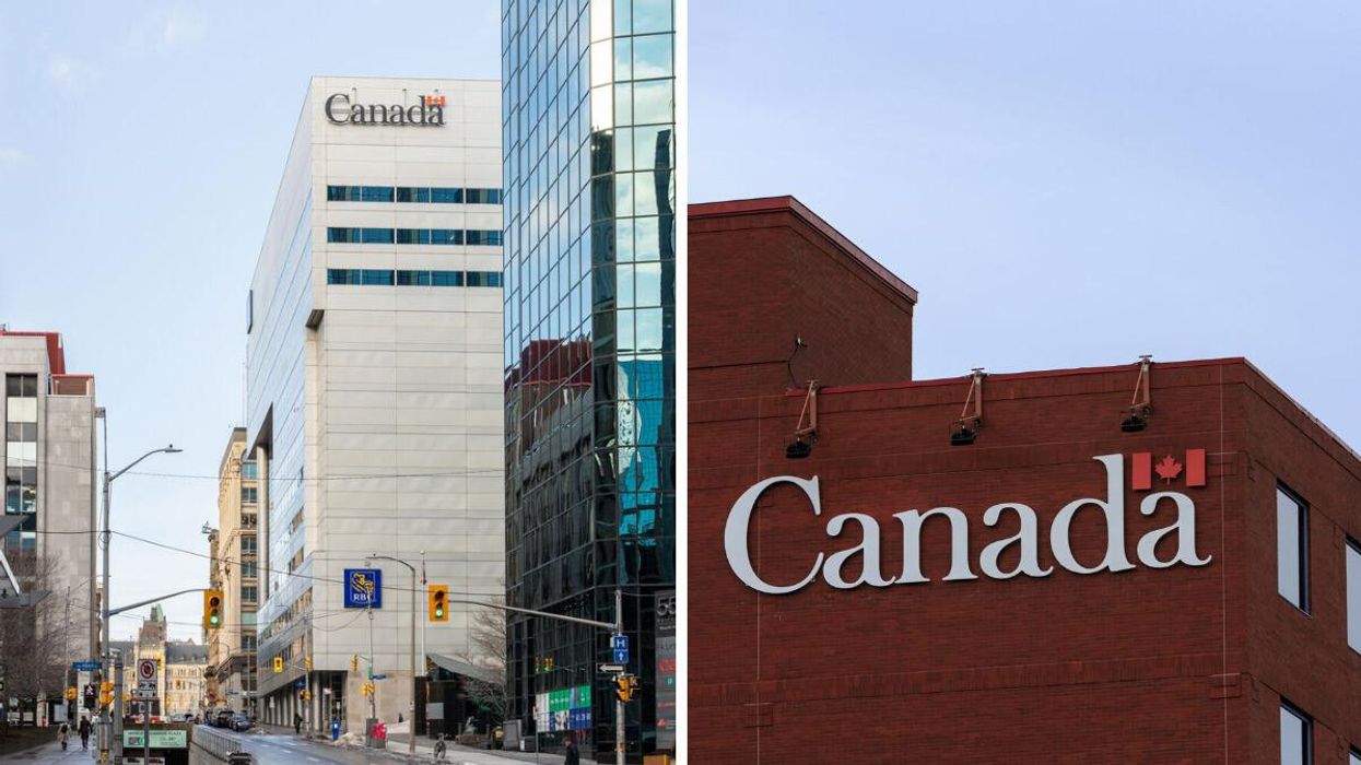 Government of Canada office in Ottawa. Right: Government of Canada sign on an office in Newfoundland.