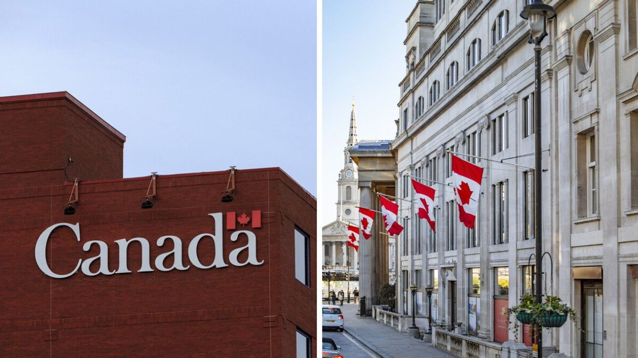 government of canada office. right: canadian embassy in london, uk with canadian flags