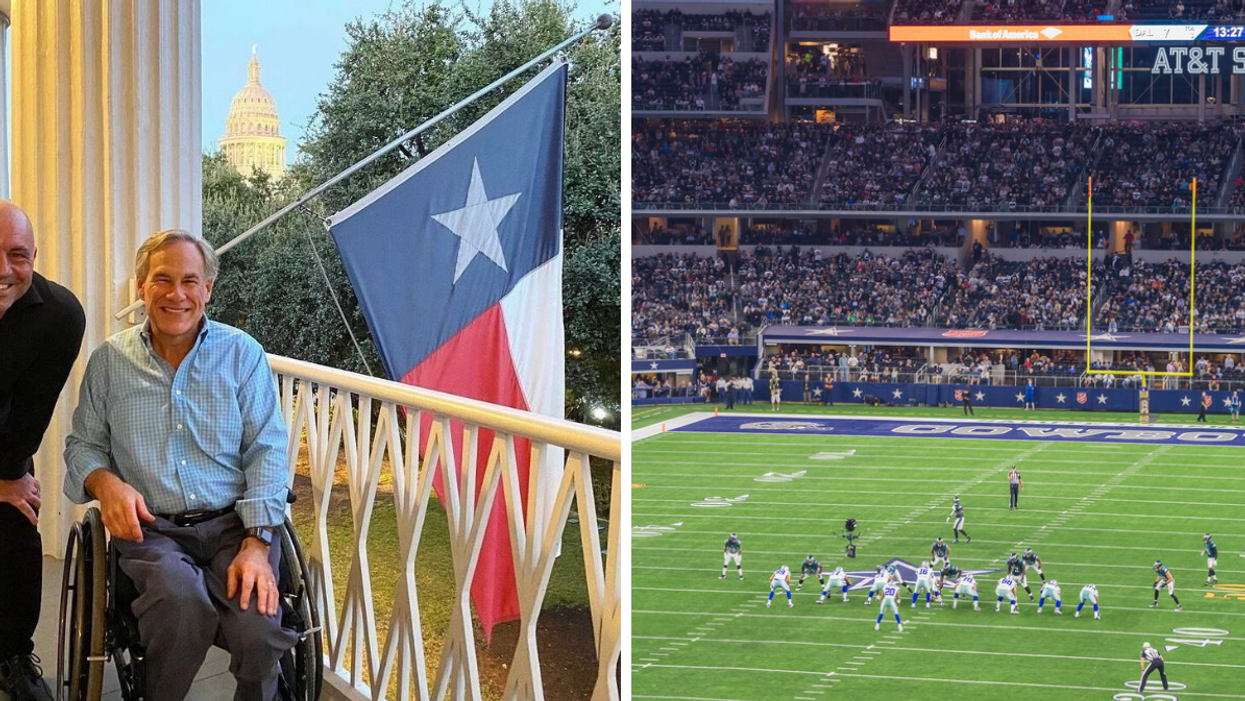 Governor Greg Abbott next to Joe Rogan and a Texas flag. Right: A Dallas Cowboys game at the AT&T Stadium.