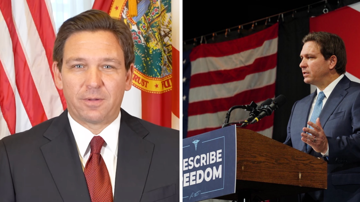 Governor Ron DeSantis. Right: Governor Ron DeSantis at the podium.