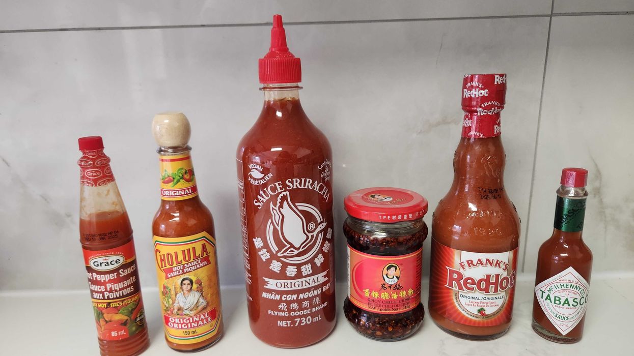 Grace Hot Pepper Sauce, Cholula Original Hot Sauce, Flying Goose Sriracha, Laoganma Spicy Chili Crisp, Frank's RedHot Original and Tabasco Original Red Sauce.