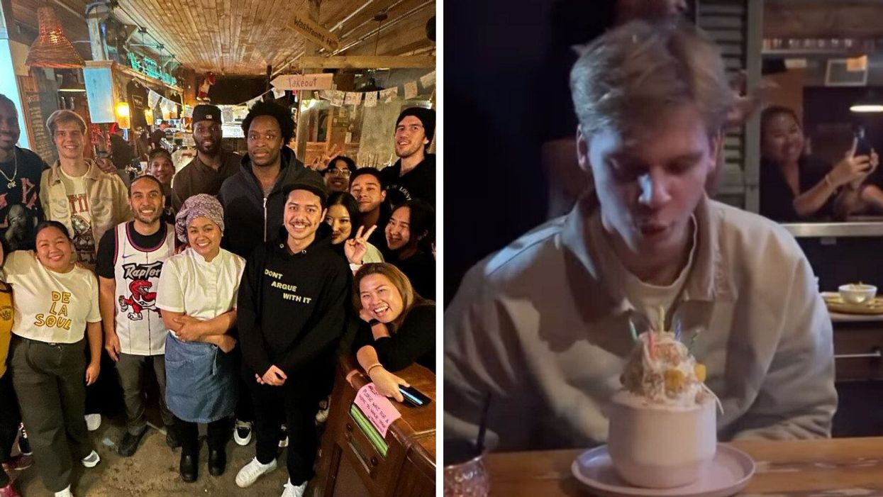 Gradey Dick and a few Toronto Raptors with Nuit Regular, Jeff Regular and staff at Pai. Right: Gradey Dick blowing out candles on a cake.