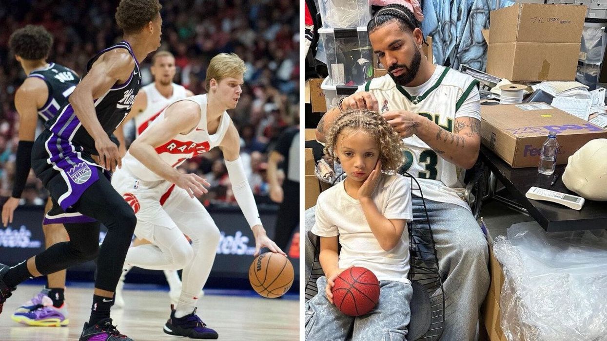 Gradey Dick playing a pre-season game in Vancouver. Right: Drake doing his son's hair.
