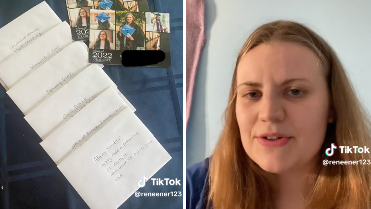 Graduation invites being sent to celebrities. Right: The recent graduate in a TikTok video.