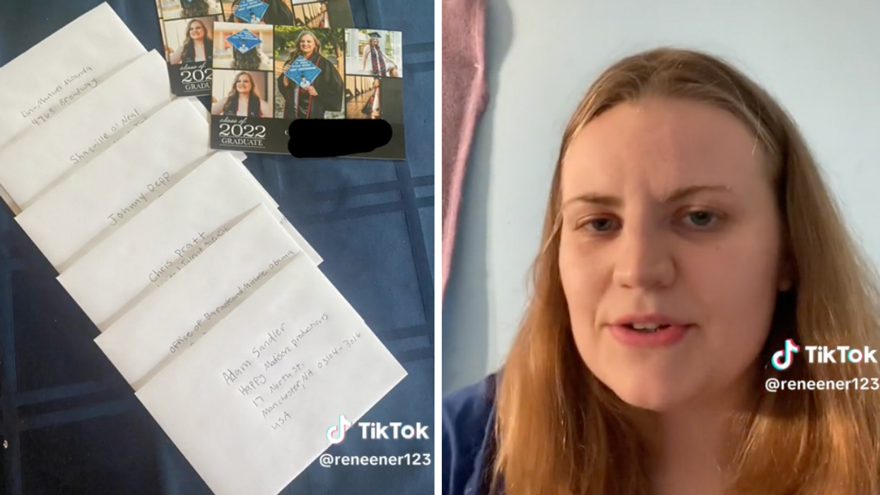 Graduation invites being sent to celebrities. Right: The recent graduate in a TikTok video.