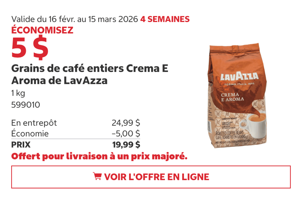 Grains de caf\u00e9 LavAzza en rabais sur le site du Costco.