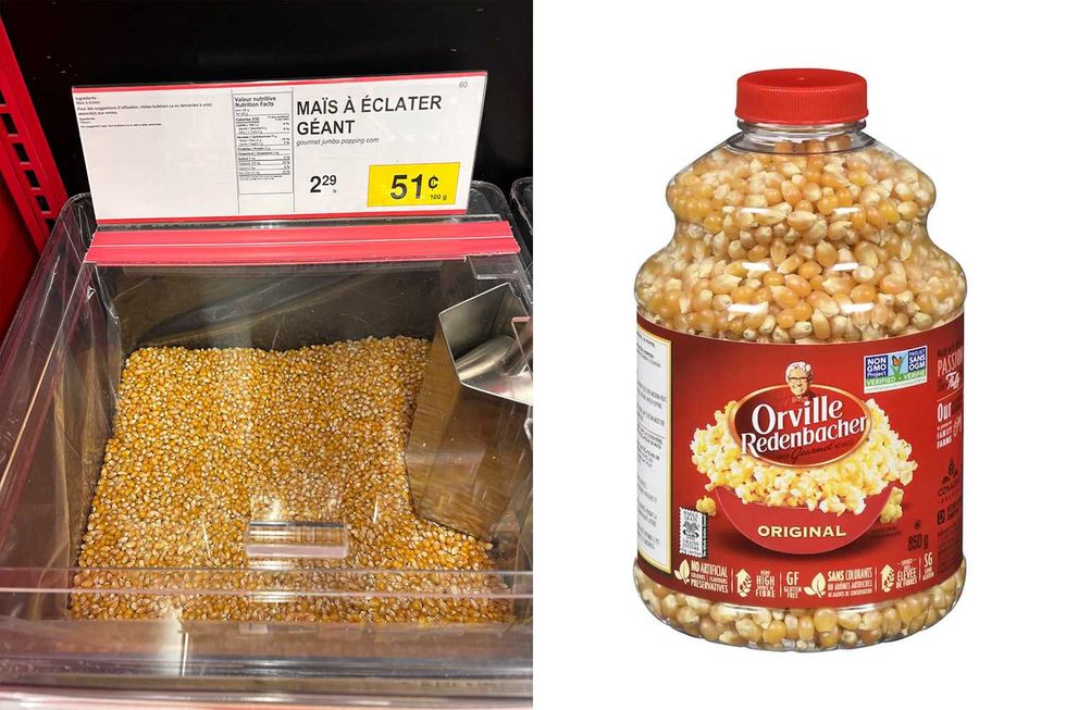 Grains de ma\u00efs vendus en vrac chez Bulk Barn. Droite : Grains de ma\u00efs vendus chez Maxi.