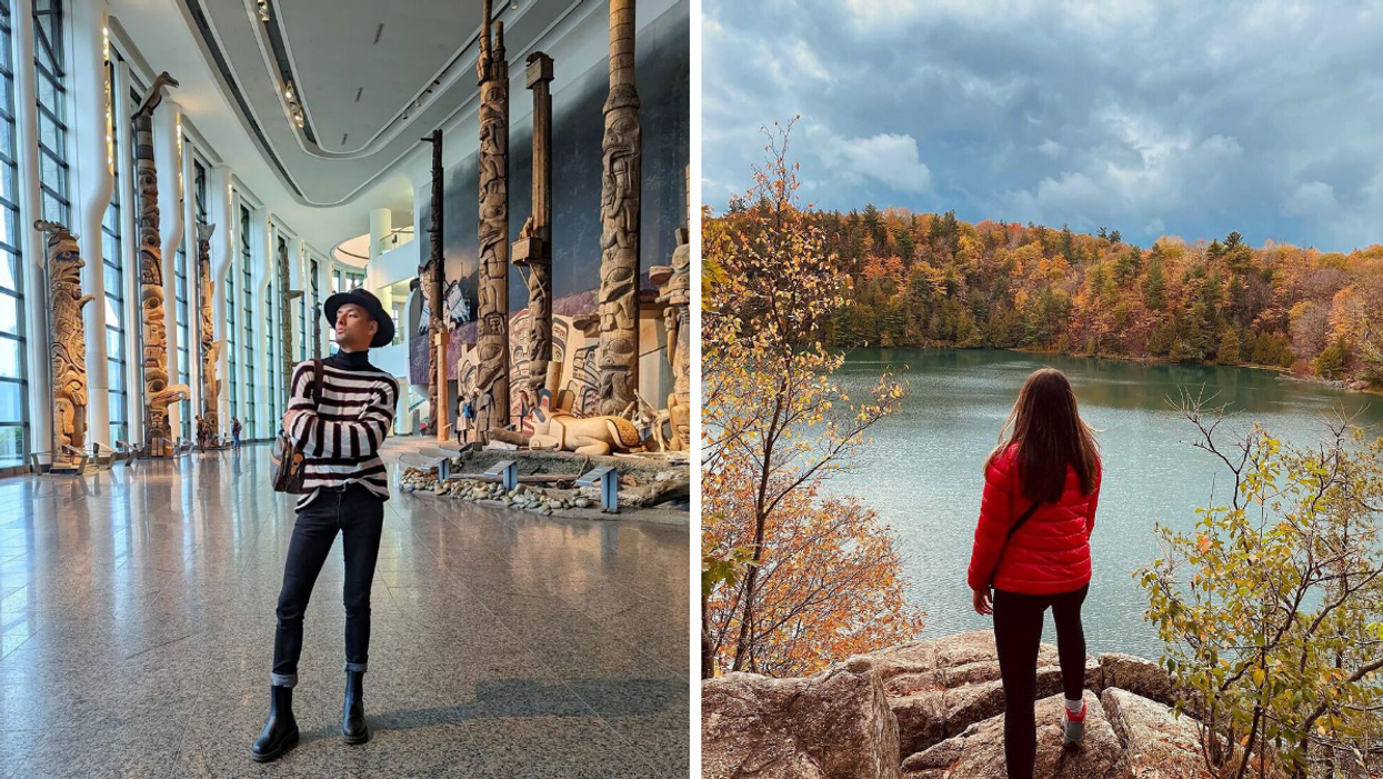 Grand hall of the Canadian Museum of History. Right: Pink Lake in the fall.
