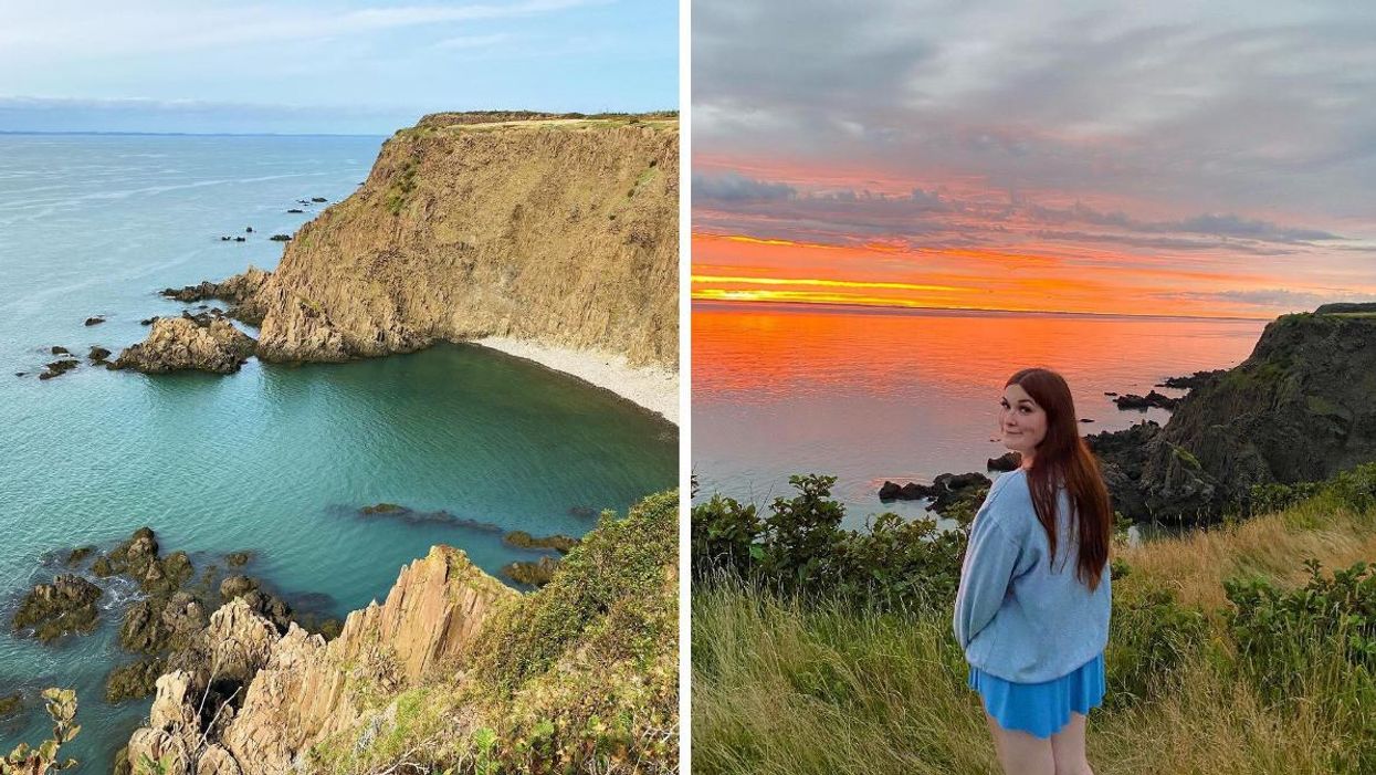 Grand Manan Island in New Brunswick. Right: A person stands in front of a sunset on Grand Manan Island.