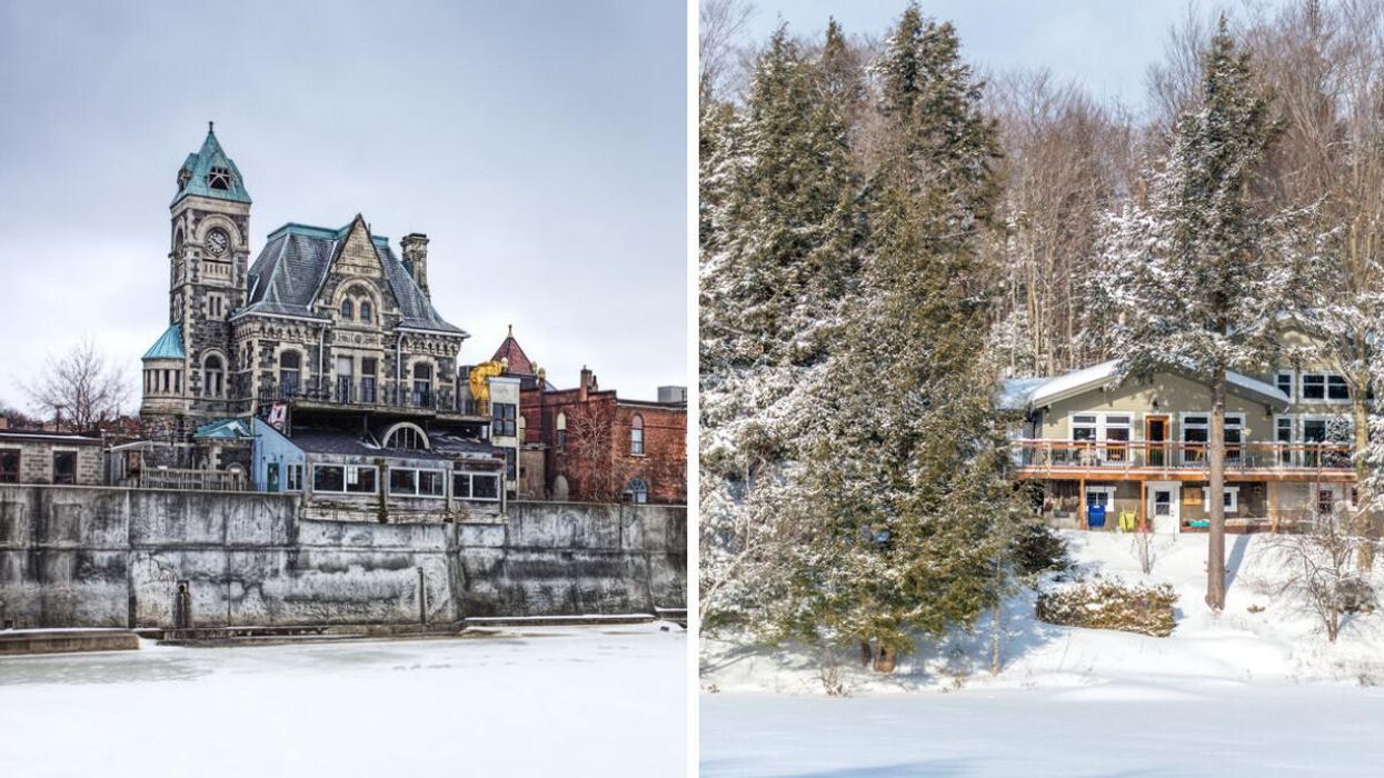 Grand River in Cambridge. Right: A winter cabin.