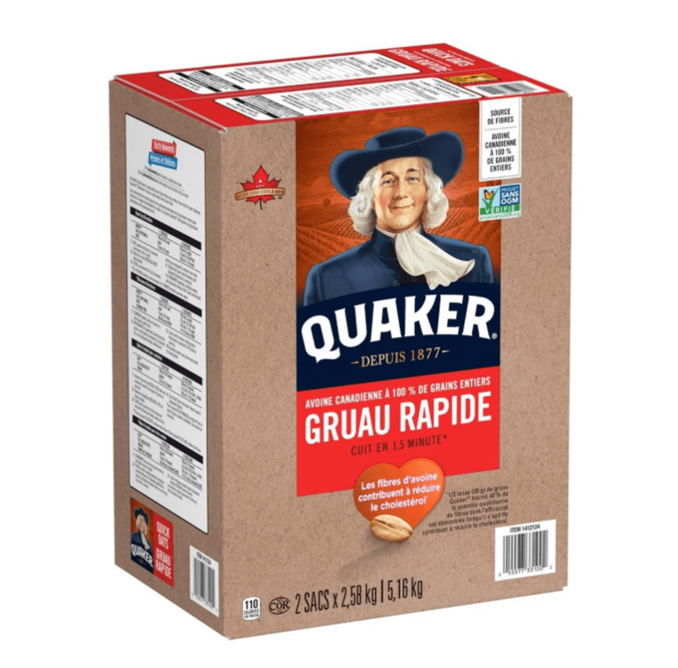 Grande bo\u00eete de gruau rapide Quaker de 5,16 kg vendue au Costco.