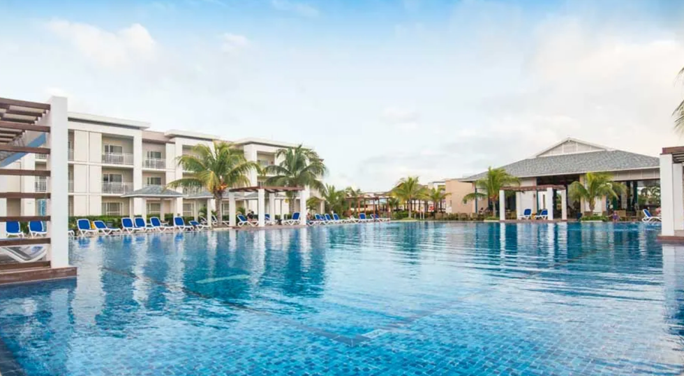 Grande piscine entour\u00e9e de palmiers et de chaises longues.