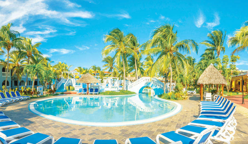 Grande piscine entour\u00e9e de palmiers et de chaises longues.