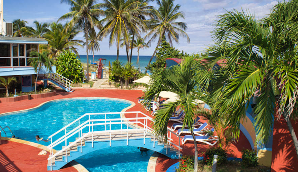 Grande piscine sur le bord de la mer entour\u00e9e de palmiers.