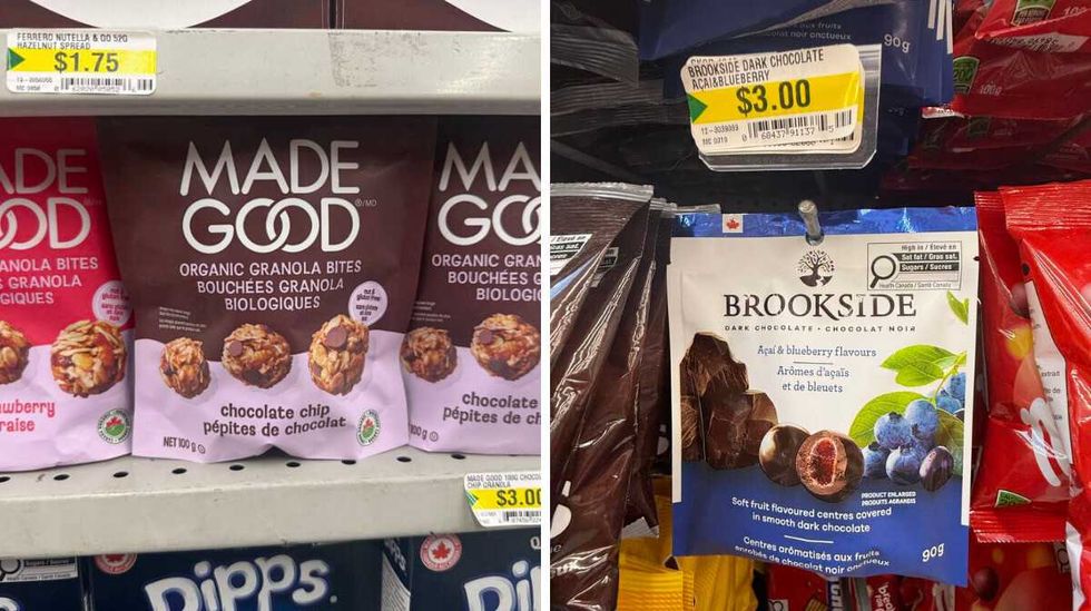 Granola bites from Dollarama. Right: Blueberry and a\u00e7ai covered chocolate snacks from Dollarama.