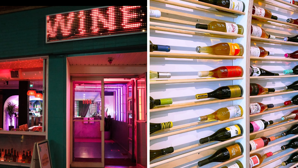 Grape Crush entrance. Right: Wine rack.