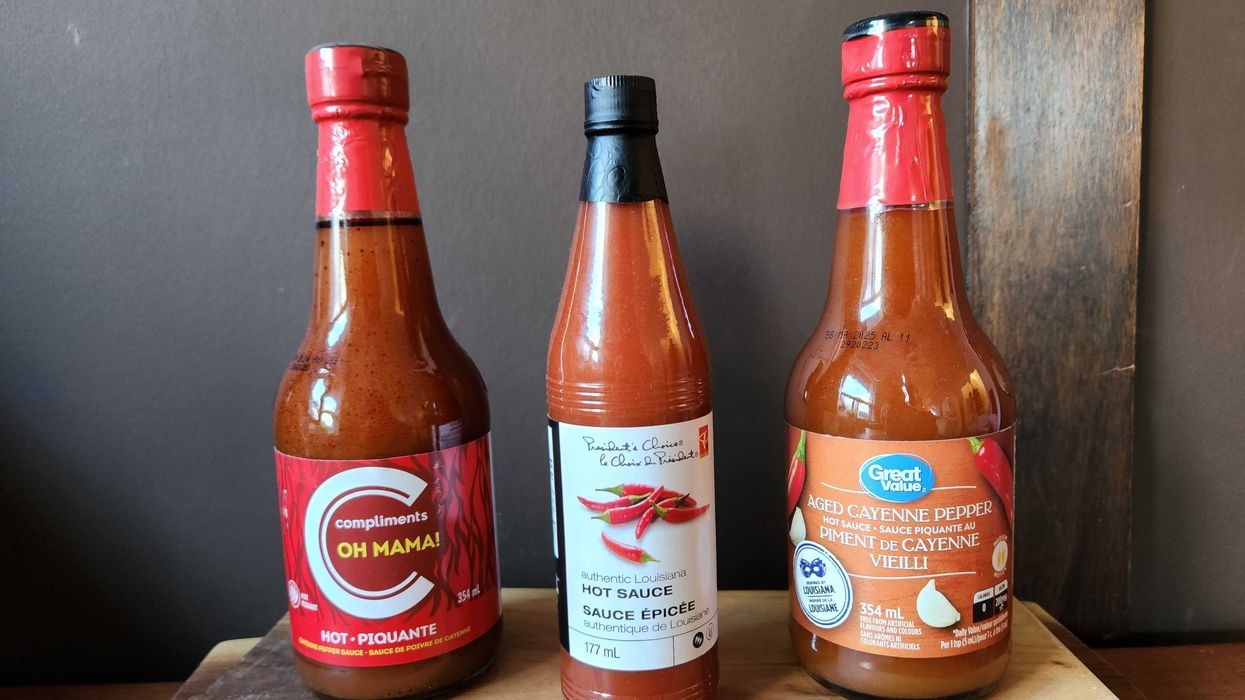 Great Value Original Cayenne Hot Sauce, President's Choice Authentic Louisiana Hot Sauce and Compliments Oh Mama! Cayenne Pepper Sauce.