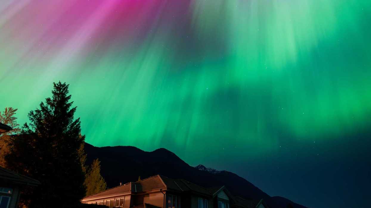 green and pink aurora in sky above house in squamish, british columbia