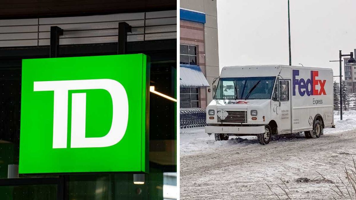 green and white td sign. right: fedex truck in snow in canada