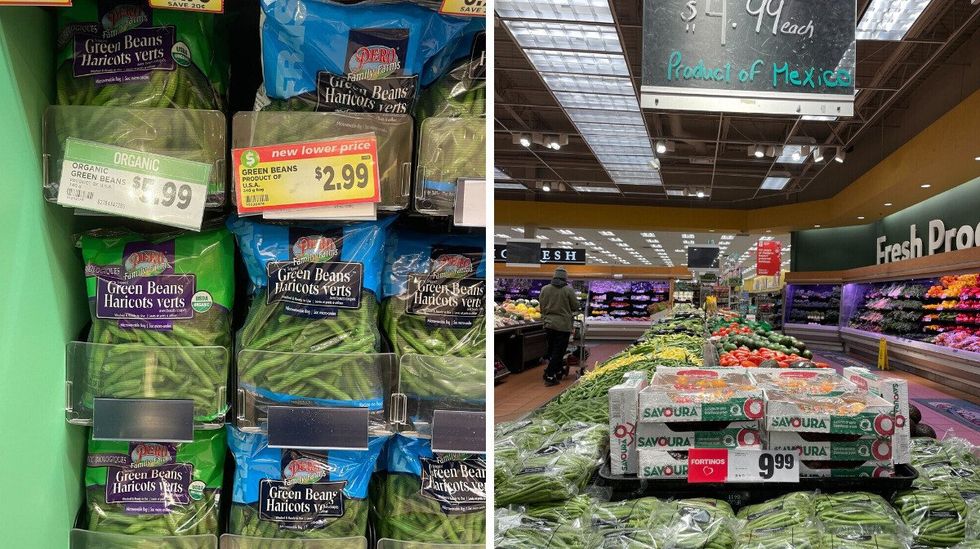 green beans in packages at metro. right: packs of green beans at fortinos.