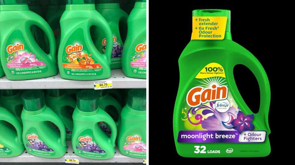 Green bottles of Gain laundry detergent on a store shelf. Right: A green bottle of Gain laundry detergent.